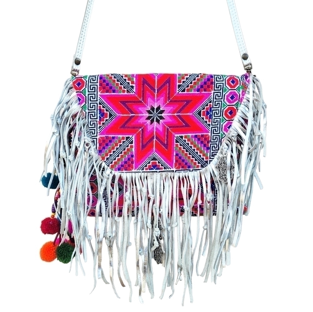 Boho colorful fringe crossbody bag hamsa bohemian